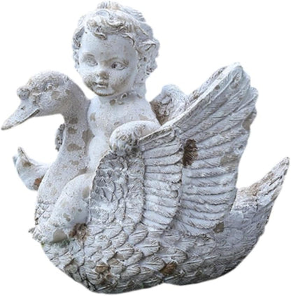 Angel Riding A Swan Garden Statue Decorative Figurine Resin Outdoor Statue Yard Art Decor for Porch Backyard Pond Decoration