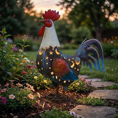 HONGLAND Metal Rooster Yard Decor,18" Chicken Garden Statue Outside with Solar Light,Farm Decorative Ornaments for Home Patio Yard Lawn,Gift for Chickens Lover