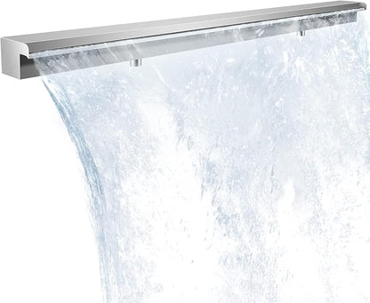 Pool Waterfall Fountains, Stainless Steel Rectangular Pool Waterfall Spillway with Pipe Connector for Indoor/Outdoor Decorative (59.1 Inch)