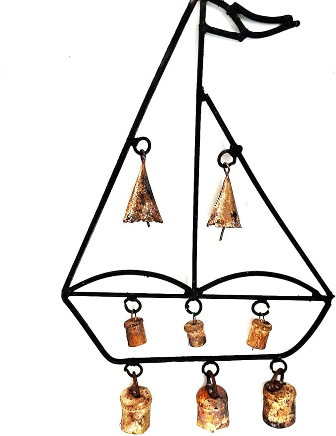 Nautical Sailboat Wind Chime – 8 Copper Bells – 19” Rustic Black & Copper Metal Garden Decor – Handcrafted Outdoor Hanging Chime for Porch, Patio, or Yard – Vintage Maritime Home Accent
