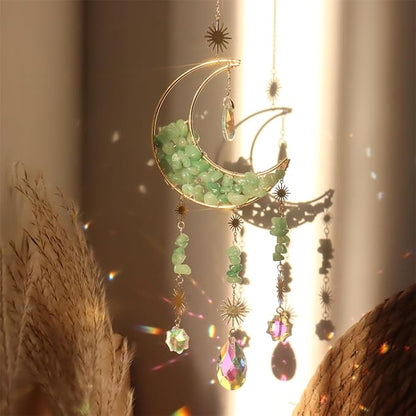 Crystal Suncatcher Hanging Moon Sun Light Catcher with Glass Prisms for Window Natural Green Quartz Decor Home Indoor Making Rainbows