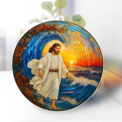 Stained Glass Jesus Walking on Water Christmas Tree Ornament – Acrylic Sun Catcher Window Hanging, Christian Religious Decor, Inspirational Gift for Men & Women, Car Rearview Mirror Charm(Sun-30)