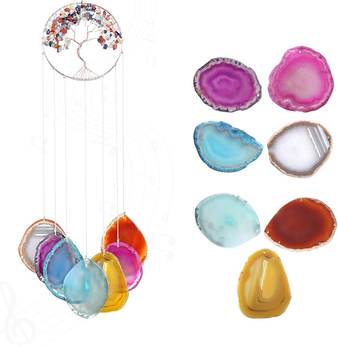 Yoption Tree of Life Agate Slices Memorial Wind Chime, 7 Chakra Natural Crystal Windchimes for Home Garden Decoration Ornament, 15.7-17.7 inch