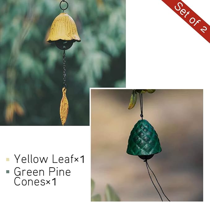 Set of 2, Japanese Traditional Lucky Small Wind Chimes for Outside, Iwachu Cast Iron Bless Temple Wind Bell Memorial Wind Chimes Indoor Garden Bell, Patio, Balcony ((Yellow Leaf and Pinecone)
