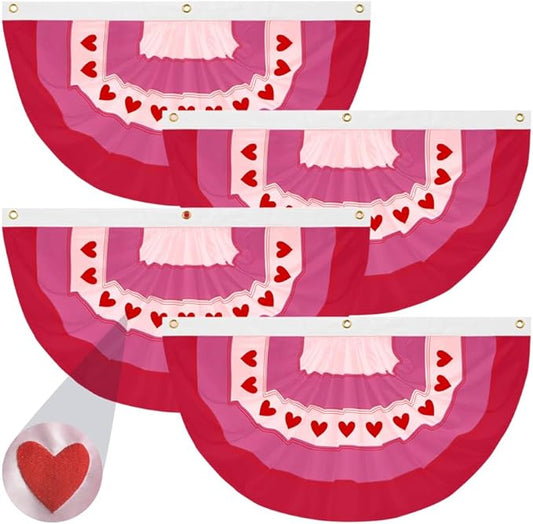 4Pcs Valentine Bunting Flags 2x4Ft Embroidered Love Heart Half Fan Bunting Decor Wedding Season Valentine’s Day Galentine’s Day Outside Banner for Outdoor Porch Garden Fence Décor Engagement Party Anniversary
