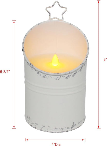 CVHOMEDECO. Vintage Galvanized Can Flameless LED Candle, Real Wax in Antique Galvanized Jar Flickering Candle with Remote Control for Tabletop Wall Decor. H 8 Inch, Cream