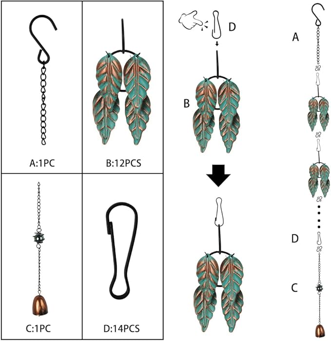 dreamysoul Rain Chains for Outside, 7.87FT Metal Leaf Adjustable Rain Chain, Decorative Rain Catcher Chains for Gutters, Downspout, Eaves, Drainage