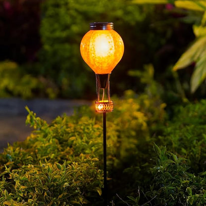 Outdoor Solar Lights Waterproof with Hot Air Balloon, Flickering Flame Solar Garden Light Glass Landscape Lamp, Stake Lights Outside Decor for Pathway Walkway Yard Patio