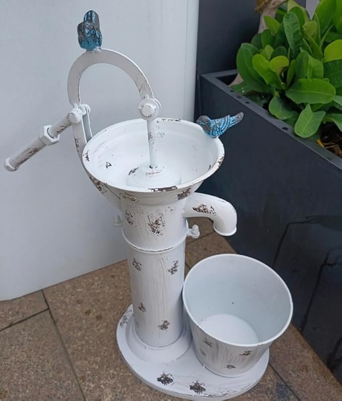 Vintage Garden Water Pump Decor, Rustic Wrought Iron Bird Bath, Red, Blue, White, Rust, Outdoor Yard Decor, Height 22 Inches (White)