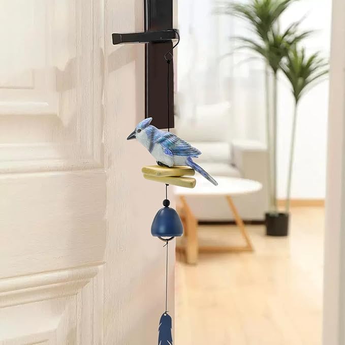 MrMrKura Bird Wind Chimes, Metal Wind Bell Pendent for Outside Hanging Wind Chime with Feather Ornament for Bless Garden Backyard Home Decor (Blue)
