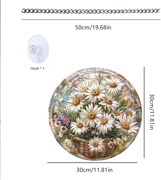 Daisy Flower Stained Window Hangings with Chain – Round Acrylic Wild Flower Ornament for Garden, Patio and Indoor Decor, Housewarming Gift for Mom,Mother, Grandma