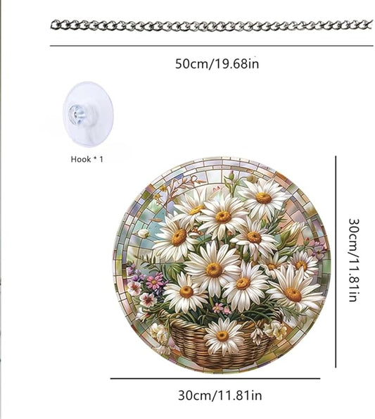 Daisy Flower Stained Window Hangings with Chain – Round Acrylic Wild Flower Ornament for Garden, Patio and Indoor Decor, Housewarming Gift for Mom,Mother, Grandma