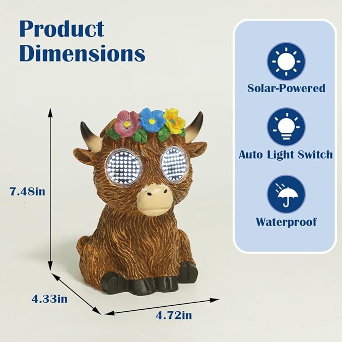Solar Garden Statue with LED Lights, Dynamic Blinking Lights and Flowers, Outdoor Garden Figurine for Patio Porch Lawn Backyard Decor, Housewarming Gifts for Women (Highland Cow)