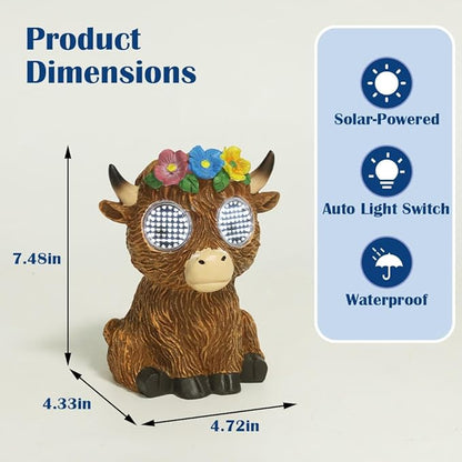 Solar Garden Statue with LED Lights, Dynamic Blinking Lights and Flowers, Outdoor Garden Figurine for Patio Porch Lawn Backyard Decor, Housewarming Gifts for Women (Highland Cow)