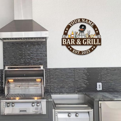 MeMate Bar & Grill Sign - Personalized Outdoor Decor for Backyard, Patio, Pool, Porch, Deck, BBQ - Large Metal Sign for Outside - Housewarming Gifts