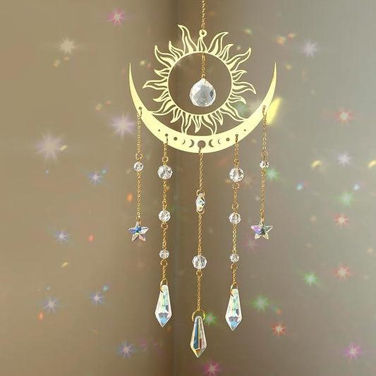 Artilady Suncatcher Crystal Wind Chimes - Large Sun and Moon Sun Catcher for Windows Hanging Prism Crystals Boho Home Garden Backyard Room Ceiling Decor Christmas Birthday Gift for Women