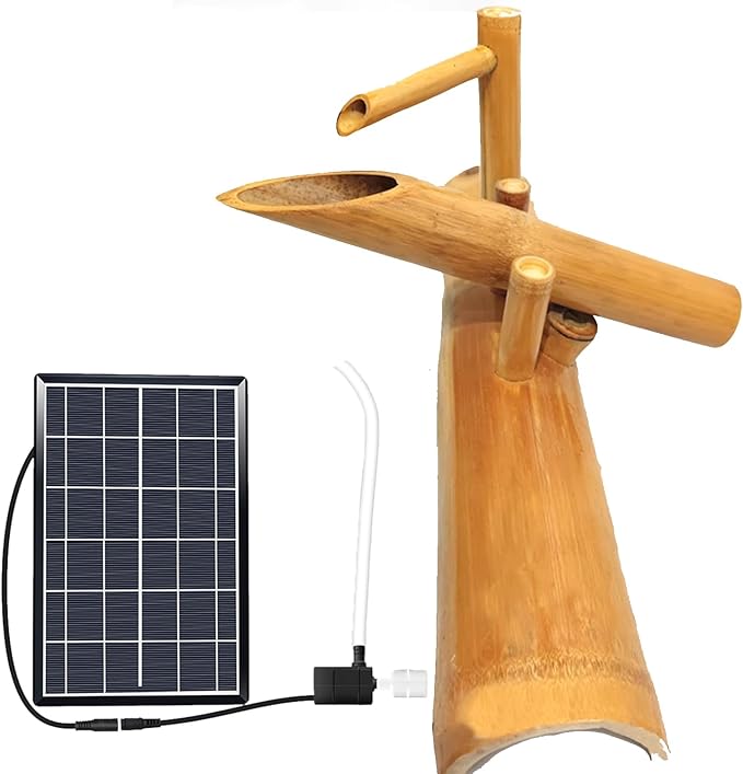 DIY Solar Water Pump Kit, Outdoor Solar Fountain, 6W Solar Panel Fountains, Split-Resistant All Natural Bamboo Fountain, for Desk Patio Yard,16"
