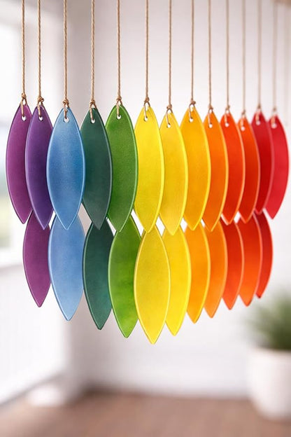 Rainbow Glass Wind Chime, Large 20″ – Multicolor Sandblasted Recycled Glass & Driftwood Coastal Hanging Chime for Porch, Patio & Home