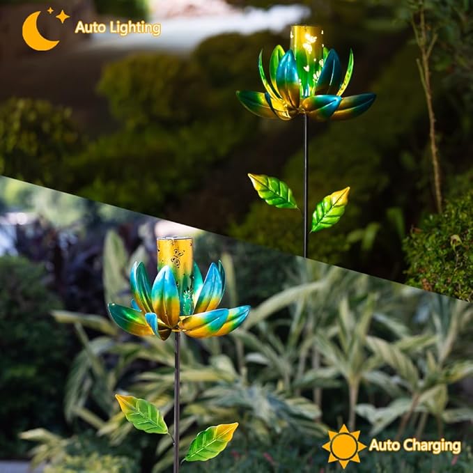 Stargarden Outdoor Solar Wind Spinners, Solar Wind Sculptures & Spinners, Flower Windmill with Solar Lantern for Yard and Garden (Green)