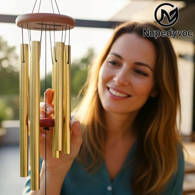 32” Large Golden Aluminum Wind Chimes with Brown Wooden Cap for Outside, Deep Tone Outdoor Garden Patio Weather Resistant Metal Decor, Ideal Gift for Birthday, Mother's Day, Meditation, Relaxation