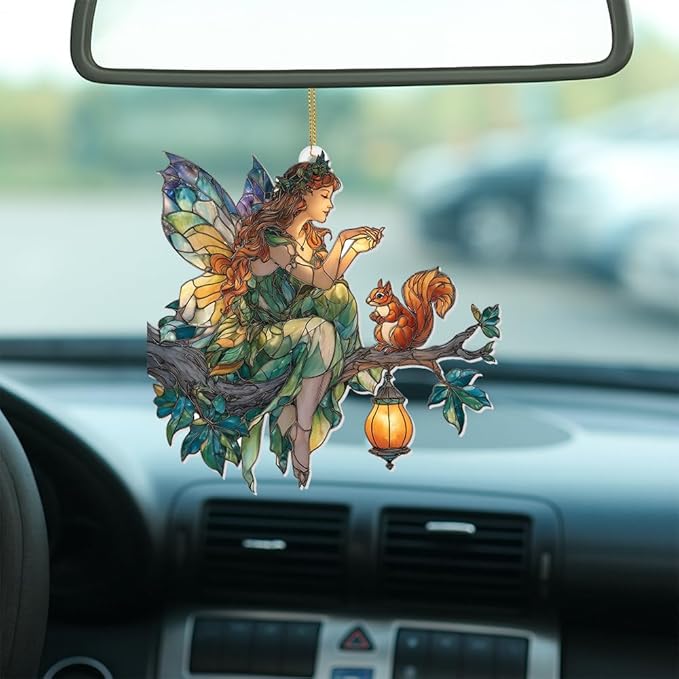 Fairy Ornament Acrylic Suncatcher – Stained Glass Style Fairy Sitting on Branch with Squirrel & Lantern, Fantasy Window Hanging Decor, Enchanted Forest Ornament, for Women (Sun-33)