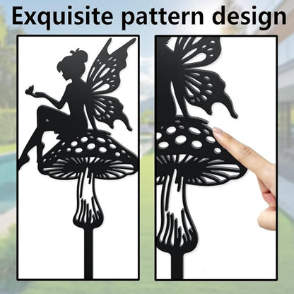 WADORN Flower Fairy Metal Garden Yard Decor, Fairy Theme Outdoor Silhouette Stake Ornaments Mushroom Fairy Sculpture Statues Garden Arts Decor for Backyard Lawn Patio Outdoor Spring Decor