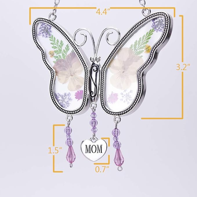 Laraine Butterfly Suncatcher with Pressed Colourful Flower Wings Mother's Day Butterfly Glass Wind Chime Ornament Charm with Metal Heart Gifts for Mom Grandma Birthday (Yellow Mom)