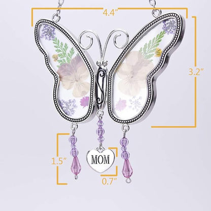 Laraine Butterfly Suncatcher with Pressed Colourful Flower Wings Mother's Day Butterfly Glass Wind Chime Ornament Charm with Metal Heart Gifts for Mom Grandma Birthday (Yellow Mom)