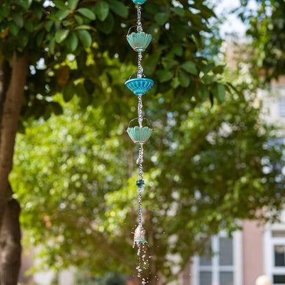 dreamysoul Rain Chains for Outside, 10 FT Lotus Decorative Rain Catcher Chains with 16 Cups, Replacement for Downspout Gutters, Eaves, Drainage