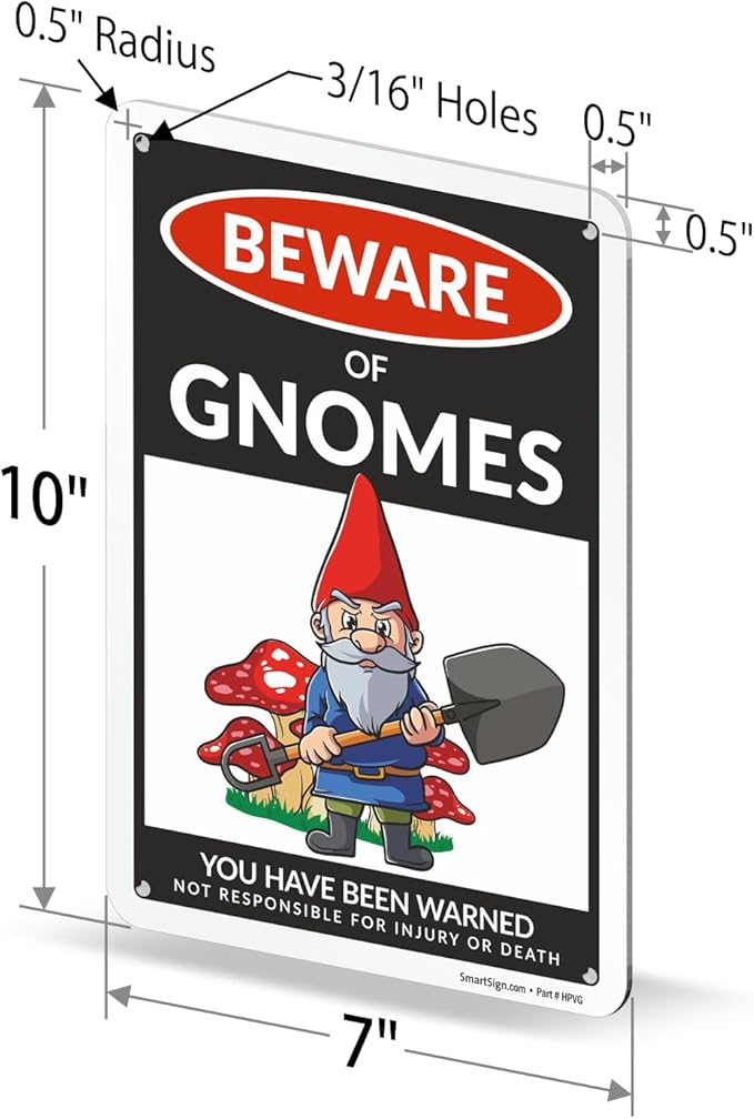 SmartSign Funny Beware Of Gnomes Warning Sign - 10"x7", 40 mil Laminated Rust-free Aluminum - Metal Signs for Wall Decor, Outdoors, Patio, Gifts, Bar, Club, Cafe - Gnomes Theme, Made in USA