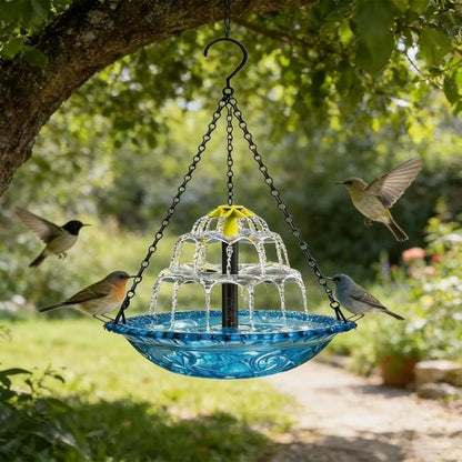 Solar Hanging Bird Bath Fountain - 9 Spray Heads,10FT Cord, 9.3" Blue Bowl with 16'' Metal Chain, Solar Powered Cascading Bubbler for Outdoor Deck, Patio, Yard, Lawn, Attracts Hummingbirds