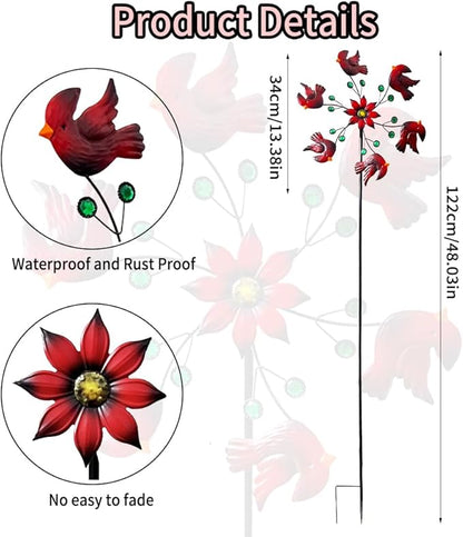 Cardinal Red Bird Wind Spinner Garden Decor, 48 Inch Metal Yard Spinner Sculpture for Patio Lawn & Outdoor Decorations