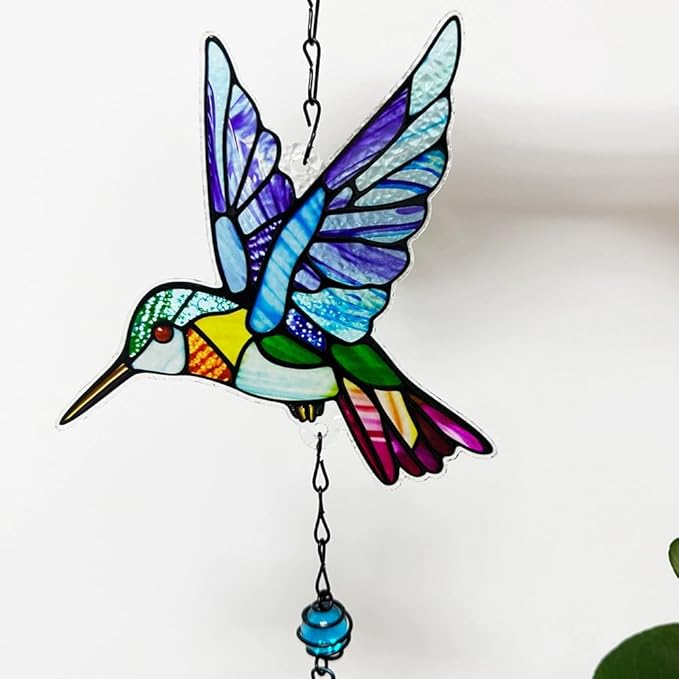 Wind Chimes for Outside, Blue Stained Glass Hummingbird Wind Chime, Deep Tone Memorial Gifts for Women Mom Grandma, Durable Metal Garden Patio Yard Window Decoration