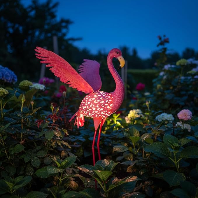 43" Metal Flamingo Garden Sculptures with Solar Light, Pink Flamingo Yard Art - Large Outdoor Lawn Ornaments & Decor for Patio, Backyard, Garden