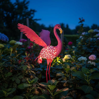 43" Metal Flamingo Garden Sculptures with Solar Light, Pink Flamingo Yard Art - Large Outdoor Lawn Ornaments & Decor for Patio, Backyard, Garden