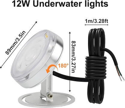 LED Underwater Pond Light, Heavy Duty Aluminum 12V 3000K Warm White IP68 Waterproof Fountain Light, Landscape Lamp for Swimming Pool, Fountain, Waterfall, Pond and Grass Land (12, Watts)