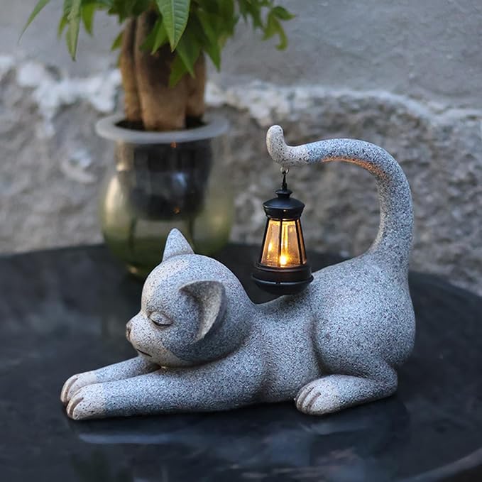 Solar Garden Statue, Cute Resin Animal Figurine with Solar Lantern Outdoor Decor for Patio Lawn Yard Pathway, Unique Housewarming Birthday Gift for Mom and Grandma (Cat)