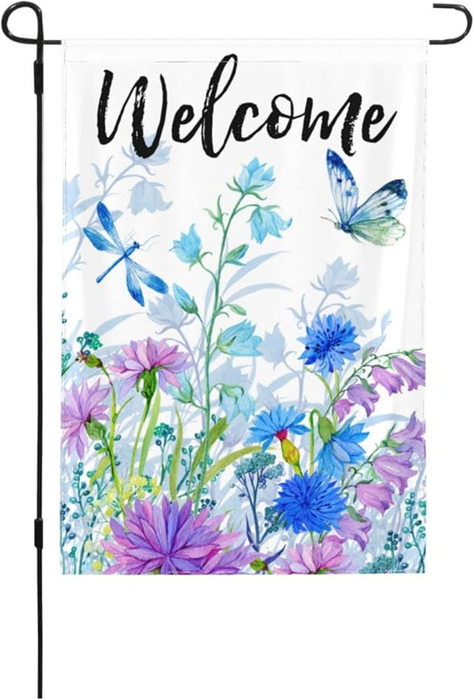 Spring Summer Garden Flag with Welcome Quote Blue Flower Butterfly Dragonfly Mini Yard Flag Double-Sided Garden Flags Rustic Farmhouse Sign for Home Garden Outdoor Decoration, 12.5 X 18 Inch
