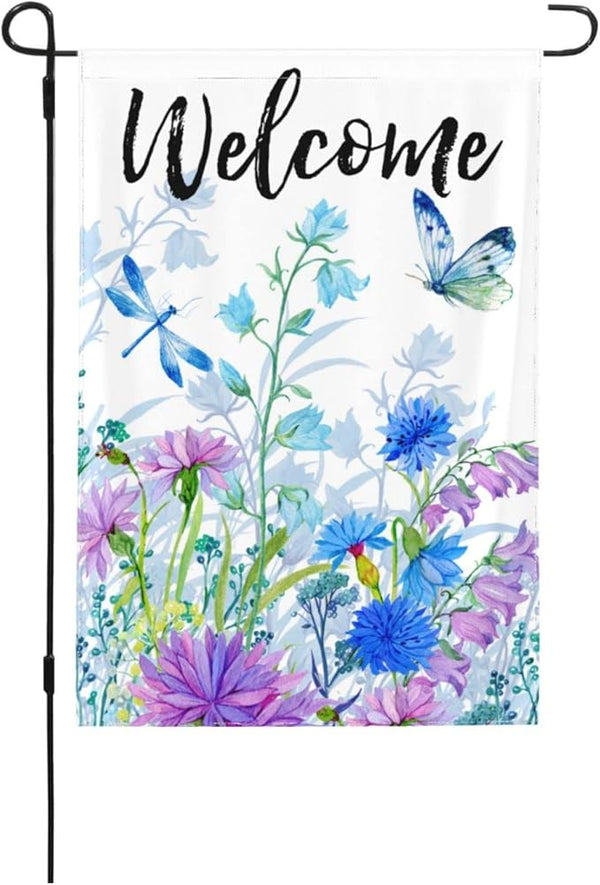 Spring Summer Garden Flag with Welcome Quote Blue Flower Butterfly Dragonfly Mini Yard Flag Double-Sided Garden Flags Rustic Farmhouse Sign for Home Garden Outdoor Decoration, 12.5 X 18 Inch
