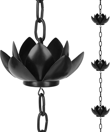 Rifachua 8.5ft Black Rain Chain for Gutters Downspouts Outside, Black Plated Lotus Rain Chain Cups, Functional and Decorative Replacement for Gutter Downspouts
