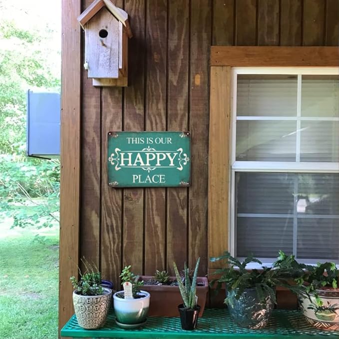 Metal Porch Signs Outdoor - This is Our Happy Place Sign, Vintage Welcome Sign for Front Door, Deck, Backyard, Outside Yard, Farmhouse, Garden, Pool, Patio, Porch Decor Wall Art, 12 x 8 inch