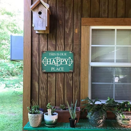 Metal Porch Signs Outdoor - This is Our Happy Place Sign, Vintage Welcome Sign for Front Door, Deck, Backyard, Outside Yard, Farmhouse, Garden, Pool, Patio, Porch Decor Wall Art, 12 x 8 inch