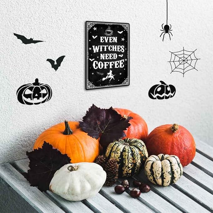 Funny Black Gothic Decor Even Witches Need Coffee Metal Signs for Coffee Bar Gothic Kitchen Accessories Halloween Decor 8 x 12 Inch