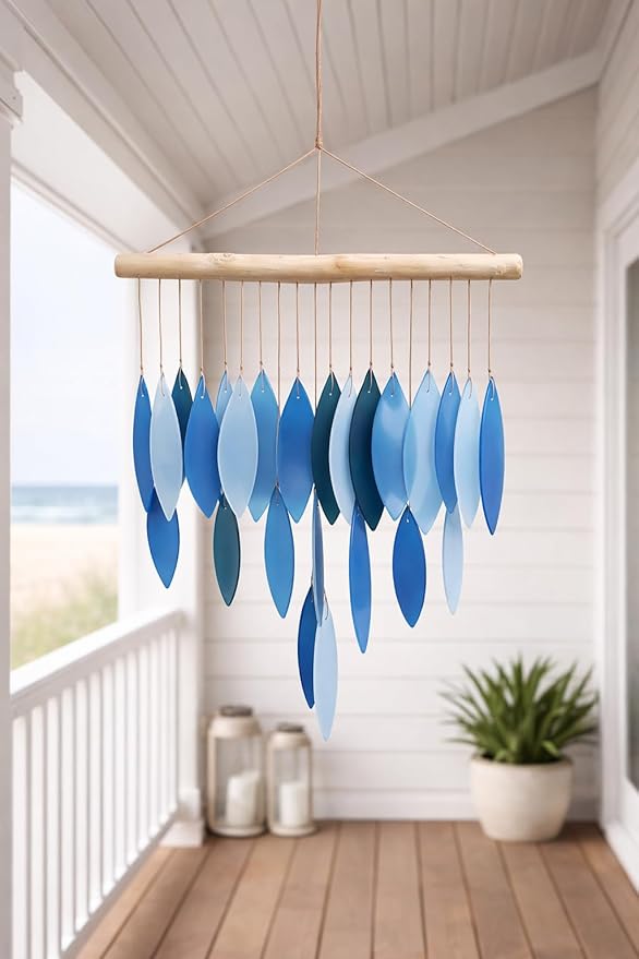 Blue & White Glass Wind Chime, Large 20″ – Recycled Glass & Driftwood Coastal Hanging Chime for Porch, Patio & Home