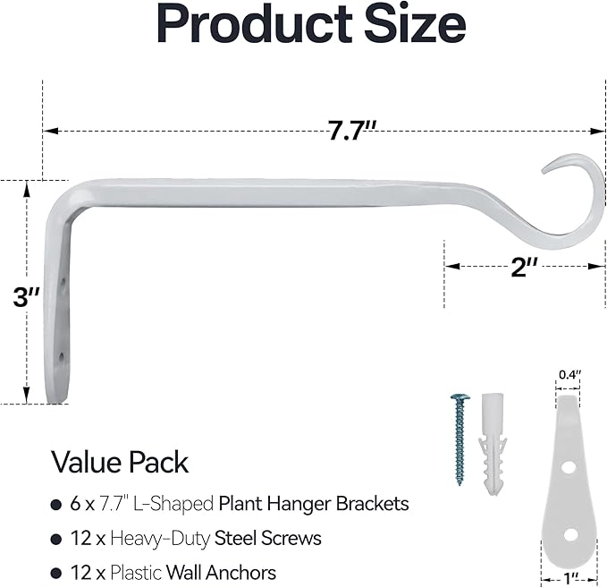 Plant Hanger Bracket, Heavy Duty Wall Hooks, 6-Pack 7.5 Inch White Hanging Hooks, Forged Wrought Iron Powder-Coated Brackets for Outdoor Indoor Plant, Bird Feeder, Flower Pot