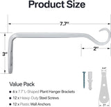 Plant Hanger Bracket, Heavy Duty Wall Hooks, 6-Pack 7.5 Inch White Hanging Hooks, Forged Wrought Iron Powder-Coated Brackets for Outdoor Indoor Plant, Bird Feeder, Flower Pot