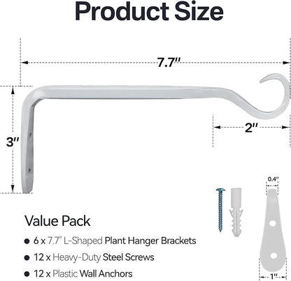 Plant Hanger Bracket, Heavy Duty Wall Hooks, 6-Pack 7.5 Inch White Hanging Hooks, Forged Wrought Iron Powder-Coated Brackets for Outdoor Indoor Plant, Bird Feeder, Flower Pot