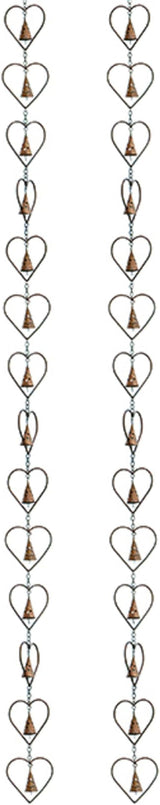 Ancient Graffiti Hearts and Bells Rain Chains, Copper Color, Pack of 2 – Steel Downspout Replacement with Heart Silhouettes & Bells, Decorative Gutter Chains
