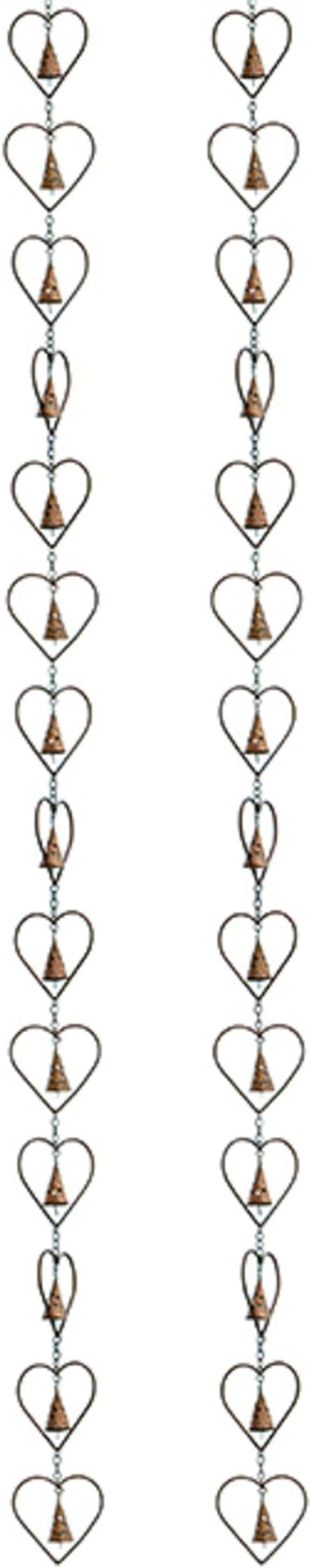 Ancient Graffiti Hearts and Bells Rain Chains, Copper Color, Pack of 2 – Steel Downspout Replacement with Heart Silhouettes & Bells, Decorative Gutter Chains