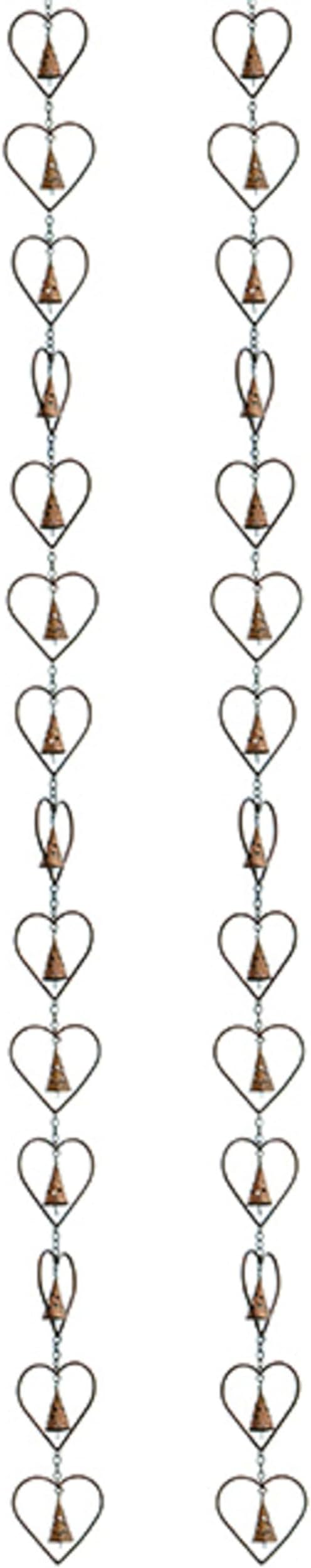 Ancient Graffiti Hearts and Bells Rain Chains, Copper Color, Pack of 2 – Steel Downspout Replacement with Heart Silhouettes & Bells, Decorative Gutter Chains